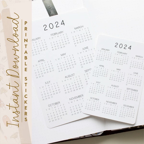 Printable 2024 Modern Minimalist Year At A Glance Calendar | 2024 Calendar Sticker Sheet | 5x7 4x6 3x4.5 2x3 | Planner Bijou Bullet Journal