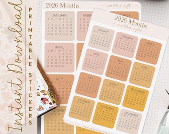 2026 Mini Monthly Calendar Stickers: Planner, Journal (Digital Download)
