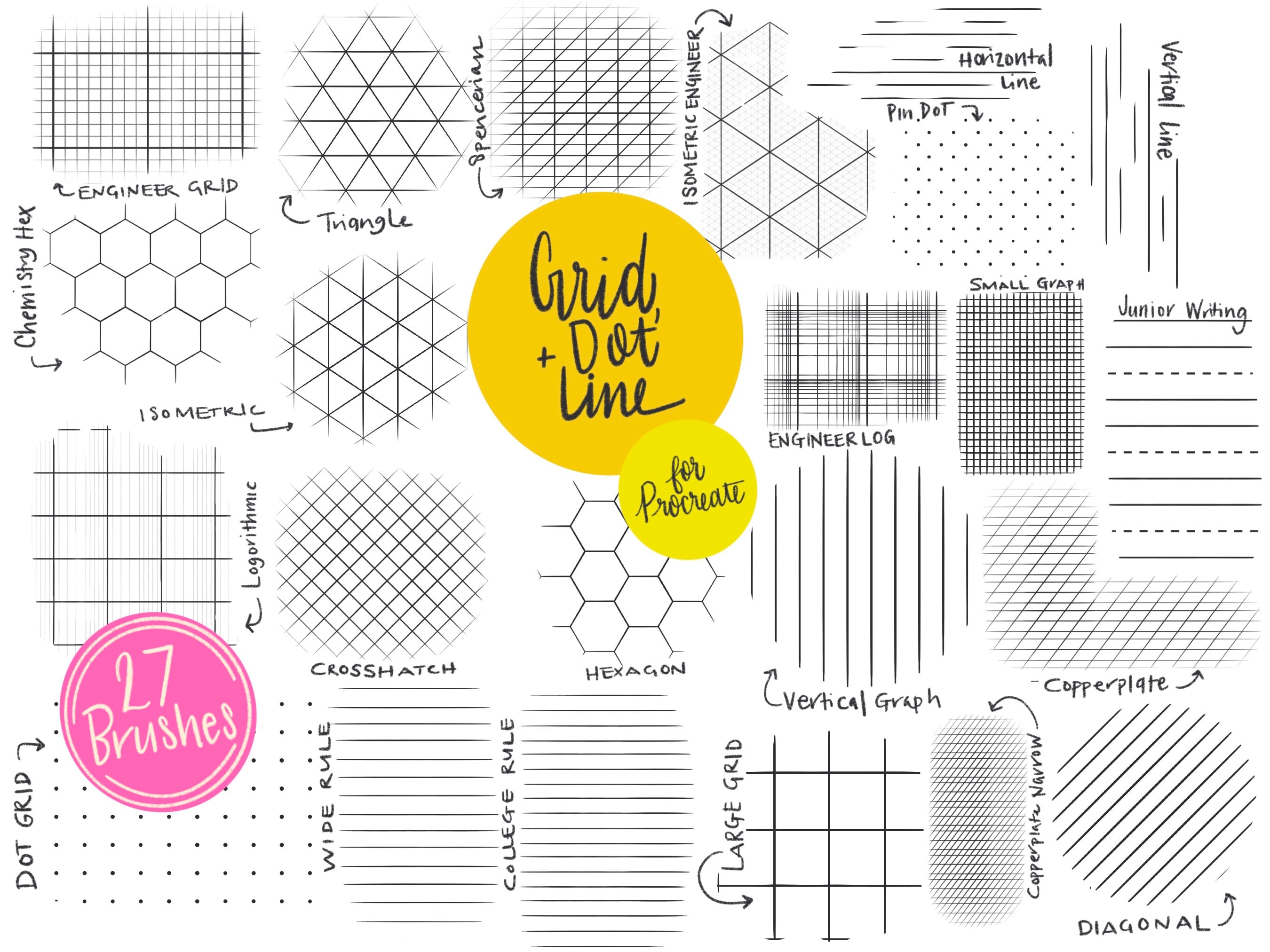 Grid, Dot & Line Procreate Brush Set — 29 High-Resolution Pattern Brushes for iPad