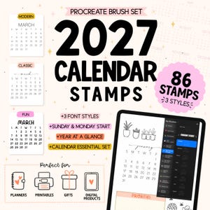 Kalenderpenselstämplar 2027 för Procreate: Modern, Klassisk, Rolig (Digital nedladdning)