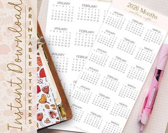 Printable 2026 Modern Minimalist Mini Monthly Calendars | 2026 Quarterly Calendar Sticker Sheets | Digital Download