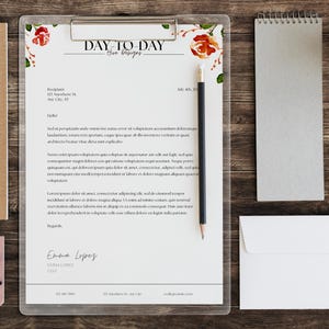 May include: A white letterhead with a floral design in the top left and top right corners. The text "DAY-TO-DAY Hue Designs" is centered at the top of the page. The letterhead includes a recipient address, a date, a salutation, and a body of text. The letter is signed "Emma Lopez" with a title and contact information below the signature.