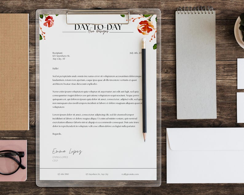 May include: A white letterhead with a floral design in the top left and top right corners. The text "DAY-TO-DAY Hue Designs" is centered at the top of the page. The letterhead includes a recipient address, a date, a salutation, and a body of text. The letter is signed "Emma Lopez" with a title and contact information below the signature.