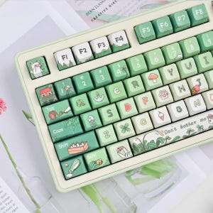 May include: A green and white keyboard with a variety of cute illustrations on the keys. The keys are labeled with letters, numbers, and symbols. The keyboard has a light green and white color scheme. The text on the keyboard says "Don't bother me".