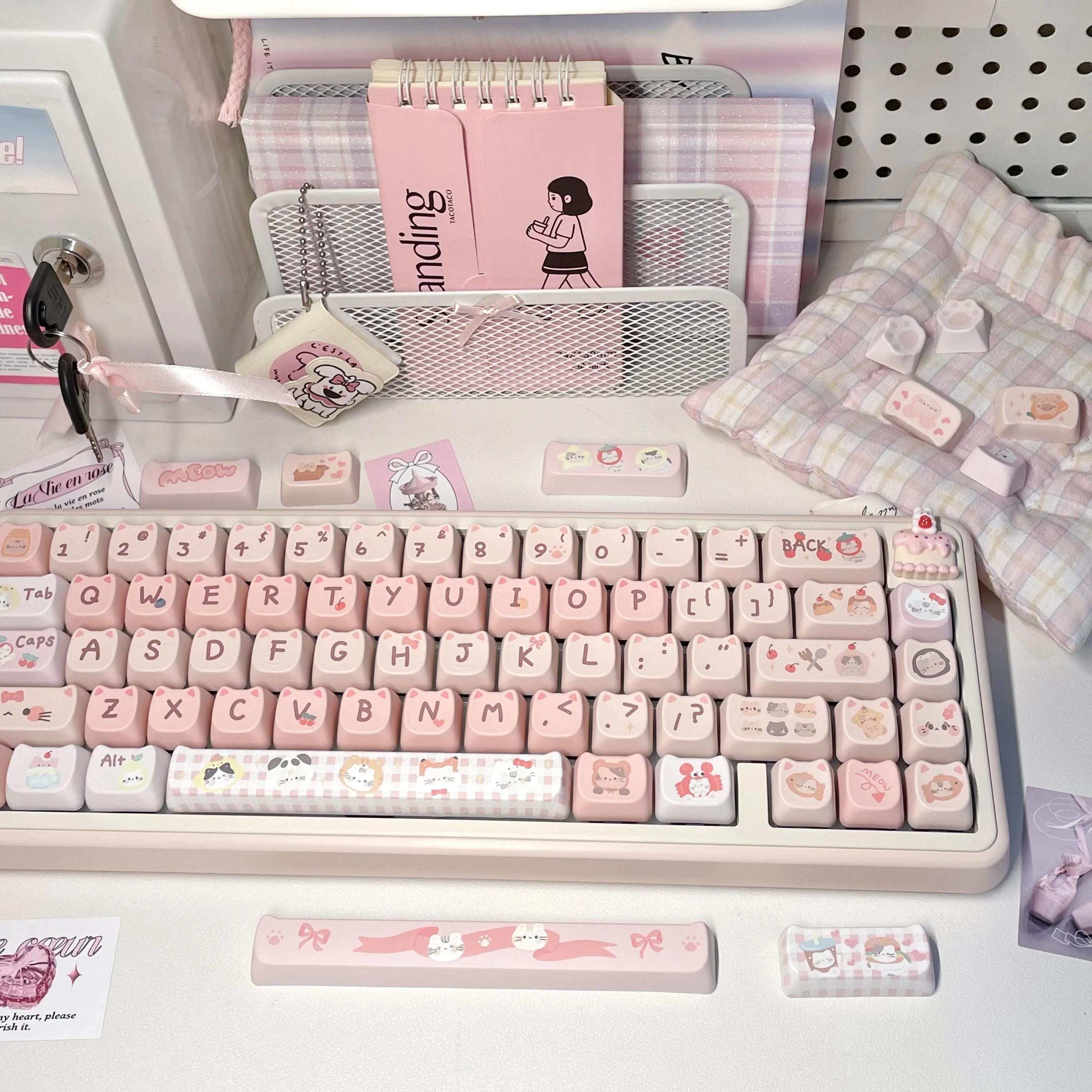Keycaps PBT 140 Touches Chat Mignon Rose - Profil MAO Pour Claviers Mécaniques Cherry/Gateron MX - Sublimation Teinture, Anti-gras - 6
