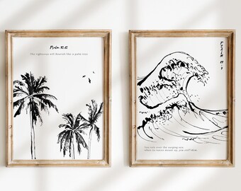 Set of 2 Christian Modern Coastal Prints Tropical Wall Art with the Scriptures