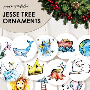 Puede incluir: Adornos imprimibles para el árbol de Jesé con imágenes de una ballena, estrellas, un barco, un globo terráqueo, un lirio, una corona, un tocón de árbol, un cordero, un ángel, un león, una escalera y una concha.