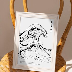 May include: A black and white illustration of a large wave with the text "PSALM 89:9 You rule over the surging sea when its waves mount up, you still them." printed below the wave.