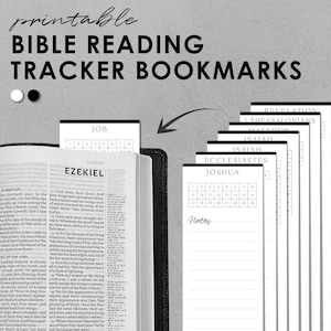 May include: Printable Bible reading tracker bookmarks with black and white circles at the top. The bookmarks are designed to be used with a Bible and feature a grid for tracking reading progress. The bookmarks are labeled with the names of different books of the Bible, including Job, Ezekiel, Joshua, Isaiah, Ecclesiastes, Matthew, 1 Thessalonians, and Revelation.