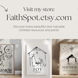 Op de afbeelding: De afbeelding toont christelijke kunstprints, waaronder afbeeldingen van harnassen, kerststallen en schriftplaatsen. De winkel FaithSpot.etsy.com wordt geadverteerd en biedt prachtige en waardevolle christelijke bronnen en prints.