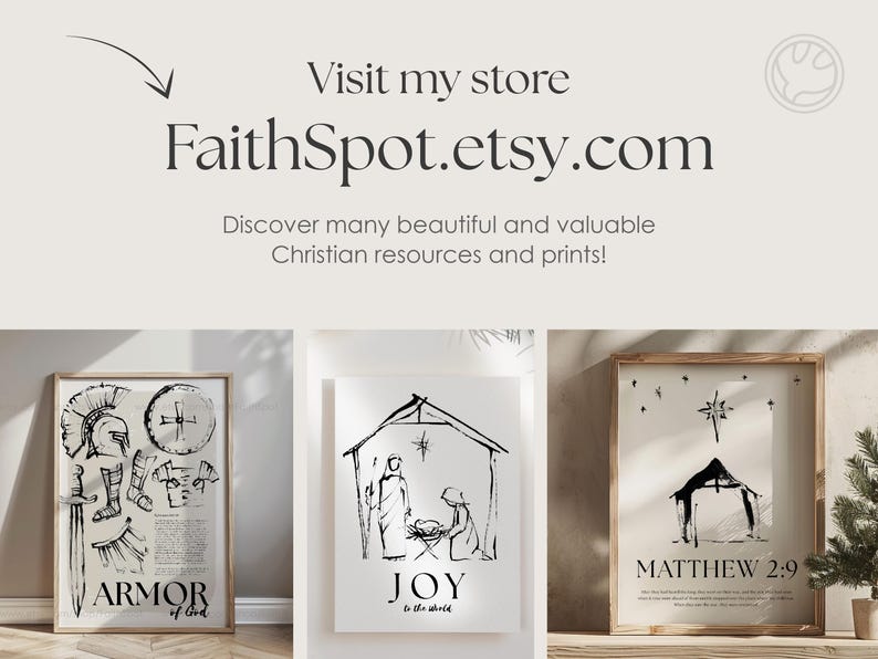 Op de afbeelding: De afbeelding toont christelijke kunstprints, waaronder afbeeldingen van harnassen, kerststallen en schriftplaatsen. De winkel FaithSpot.etsy.com wordt geadverteerd en biedt prachtige en waardevolle christelijke bronnen en prints.
