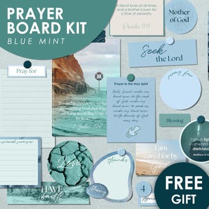 Prayer Board Kit im Farbschema Blau Minze, ästhetische, moderne christliche Wandkunst, Bibelverse mit Bildern, druckbare Gebetskarten,
