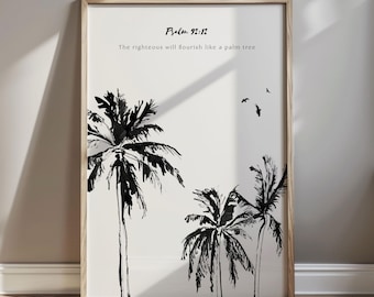 Modern Coastal Art Christian Palm Tree Print Tropical Wall Art with Psalm 92:12