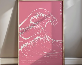 Póster cristiano de vaquera costera con estampado playero rosa, póster surfista femenino, arte mural bíblico, Salmo 89:9