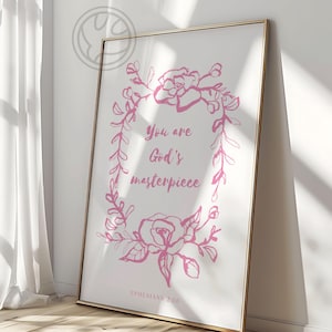 Decoração de berçário com coroa de flores rosa, pôster de afirmação, obra-prima de Deus, Efésios 2:10