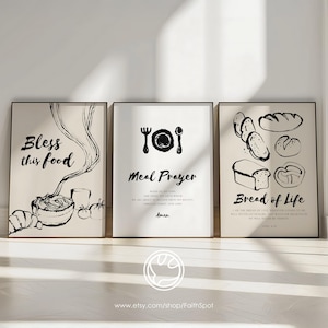 Set of 3 Prints Christian Kitchen Wall Art, Bless this food, Digital Scripture Poster