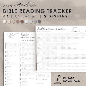 May include: Printable Bible reading tracker in two designs. The tracker includes a list of books in the Old and New Testaments with a grid for marking off daily readings. The text "Bible reading plan" is at the top of the page.