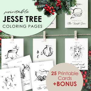 Décorations d'arbre Jesse pour calendrier de l'Avent, compte à rebours de Noël, cartes de l'Avent catholiques, pages à colorier de Noël imprimables pour l'école à la maison