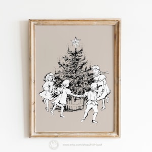 Impresión de árbol de Navidad victoriano - Arte mural navideño - Niños bailando - Descarga digital