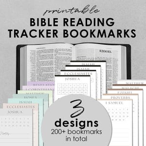 Może przedstawiać: Drukowane zakładki do śledzenia czytania Biblii w trzech różnych wzorach. Zakładki zawierają siatkę kalendarza z nazwami różnych ksiąg Biblii, takich jak Izajasz, Jozue, Ezechiel i Mateusz. Tekst "3 wzory 200+ zakładek w sumie" jest wyświetlany w środku obrazu.