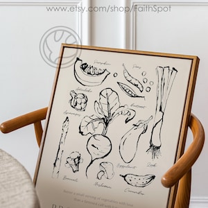 Op de afbeelding: Een ingelijste print met zwart-wit illustraties van verschillende groenten, waaronder pompoen, artisjok en aubergine. De print bevat de tekst "PROVERBS 15:17" en de Etsy shop URL.