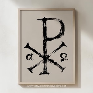 May include: Black and white print of the Chi Rho symbol, a Christian symbol that represents Christ. The symbol is a combination of the first two letters of the Greek word for Christ, 'Χριστός' (Christos). The letters are superimposed on each other, with the 'Χ' (Chi) forming a cross and the 'Ρ' (Rho) forming a 'P'. The symbol is often used in Christian art and architecture.