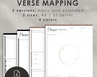 Verse Mapping Template for Bible Study, Printable and Digital A4 US Letter