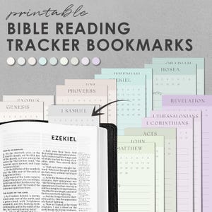 May include: A set of printable Bible reading tracker bookmarks in various pastel colors. Each bookmark features a different book of the Bible with numbered chapters. The bookmarks are designed to be used with a Bible to track reading progress.