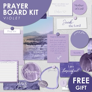 Kit de quadro de oração em paleta de cores violeta, colagem de parede cristã moderna e estética, arte com versículos bíblicos, cartões de oração para impressão
