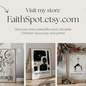 K&ouml;nnte beinhalten: Das Bild zeigt gerahmte christliche Kunstdrucke mit der Adresse "FaithSpot.etsy.com". Die Drucke zeigen Schwarz-Wei&szlig;-Illustrationen und Bibelverse, darunter "Armor of God", "Spr&uuml;che 17:17" und "Matth&auml;us 2:9".