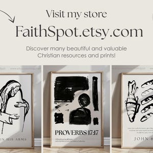 Pu&ograve; includere: Tre stampe artistiche incorniciate con illustrazioni in bianco e nero. Le stampe presentano temi religiosi, tra cui una figura che abbraccia, forme astratte e pesci con pane. Il testo "FaithSpot.etsy.com" &egrave; visibile.