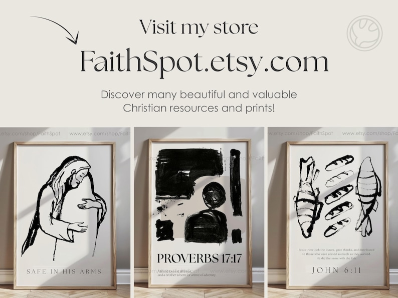 Pu&ograve; includere: Tre stampe artistiche incorniciate con illustrazioni in bianco e nero. Le stampe presentano temi religiosi, tra cui una figura che abbraccia, forme astratte e pesci con pane. Il testo "FaithSpot.etsy.com" &egrave; visibile.