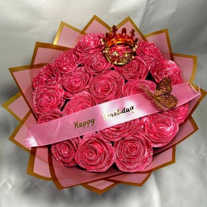 ewige GLITTER ROSE PINK mit rosa Wickelstrauß/Happy Birthday