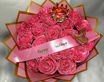 eternal GLITTER ROSE  PINK with pink wrap bouquet/happy birthday