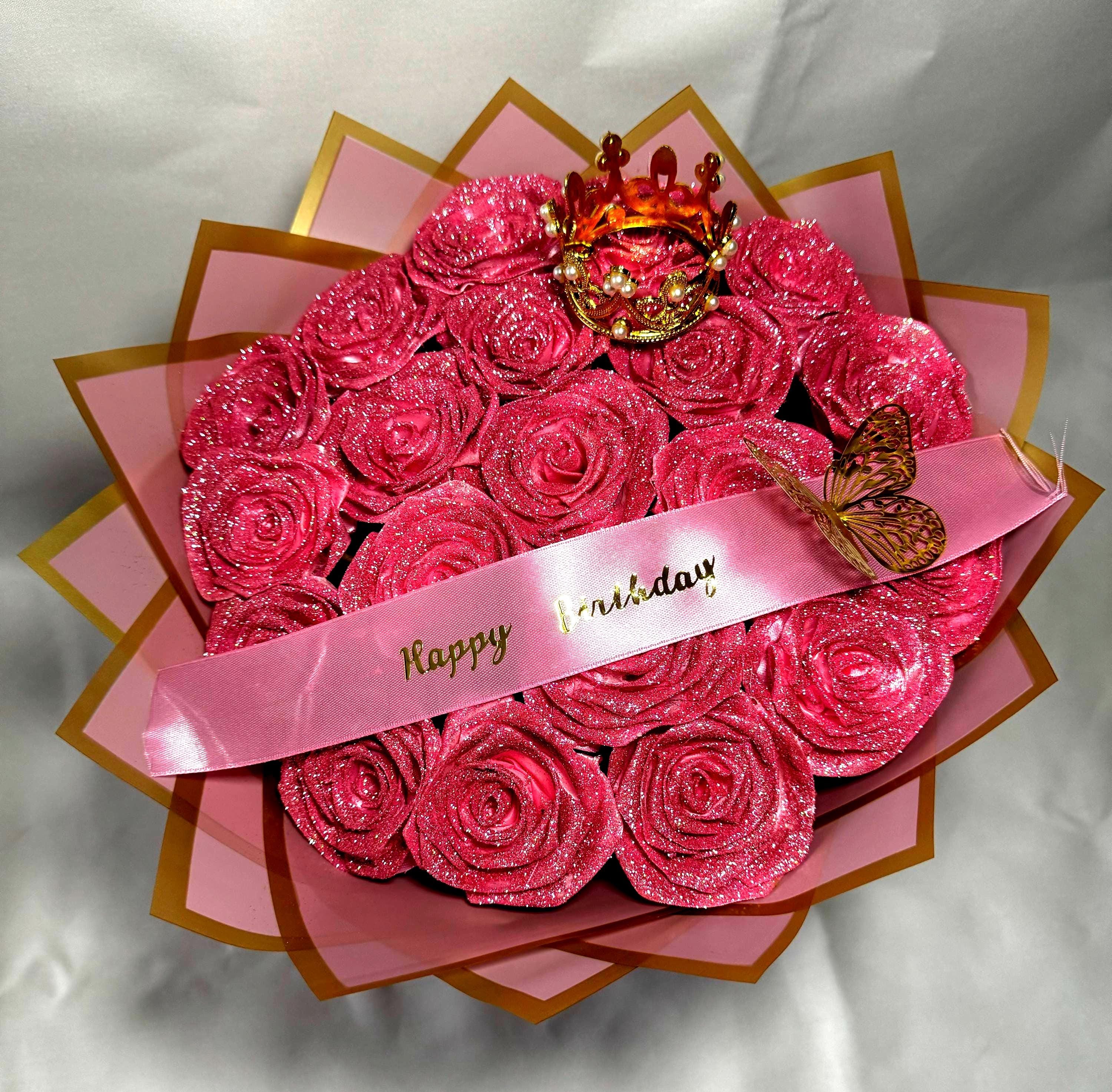 eternal GLITTER ROSE  PINK with pink wrap bouquet/happy birthday