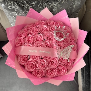 eternal rose bouquet - plain pink with written wrap- Happy birthday