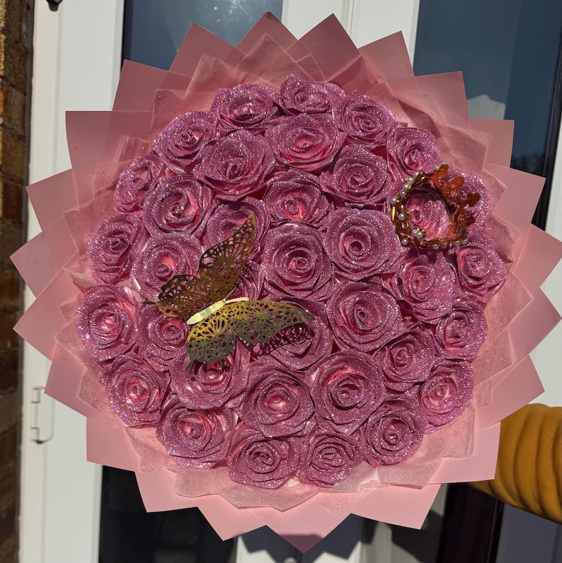 Eternal Glitter Rose Plain Pink Bouquet With Pink Wrap /happy Birthday ...