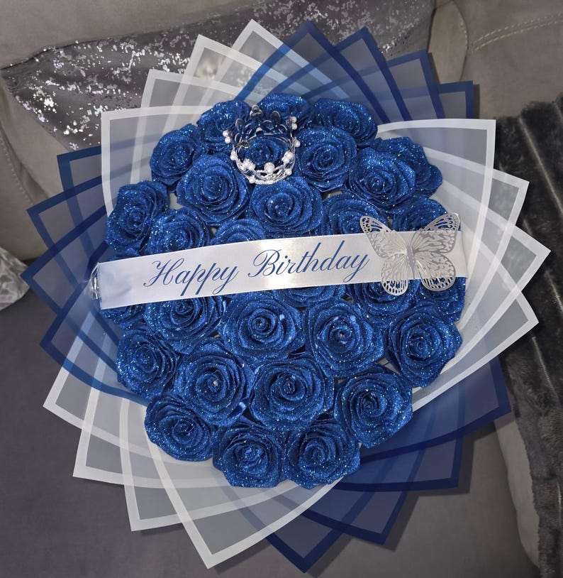 Blue Sparkle Roses Eternal GLITTER ROSE Plain Blue Bouquet With Blue and White Wrap ...