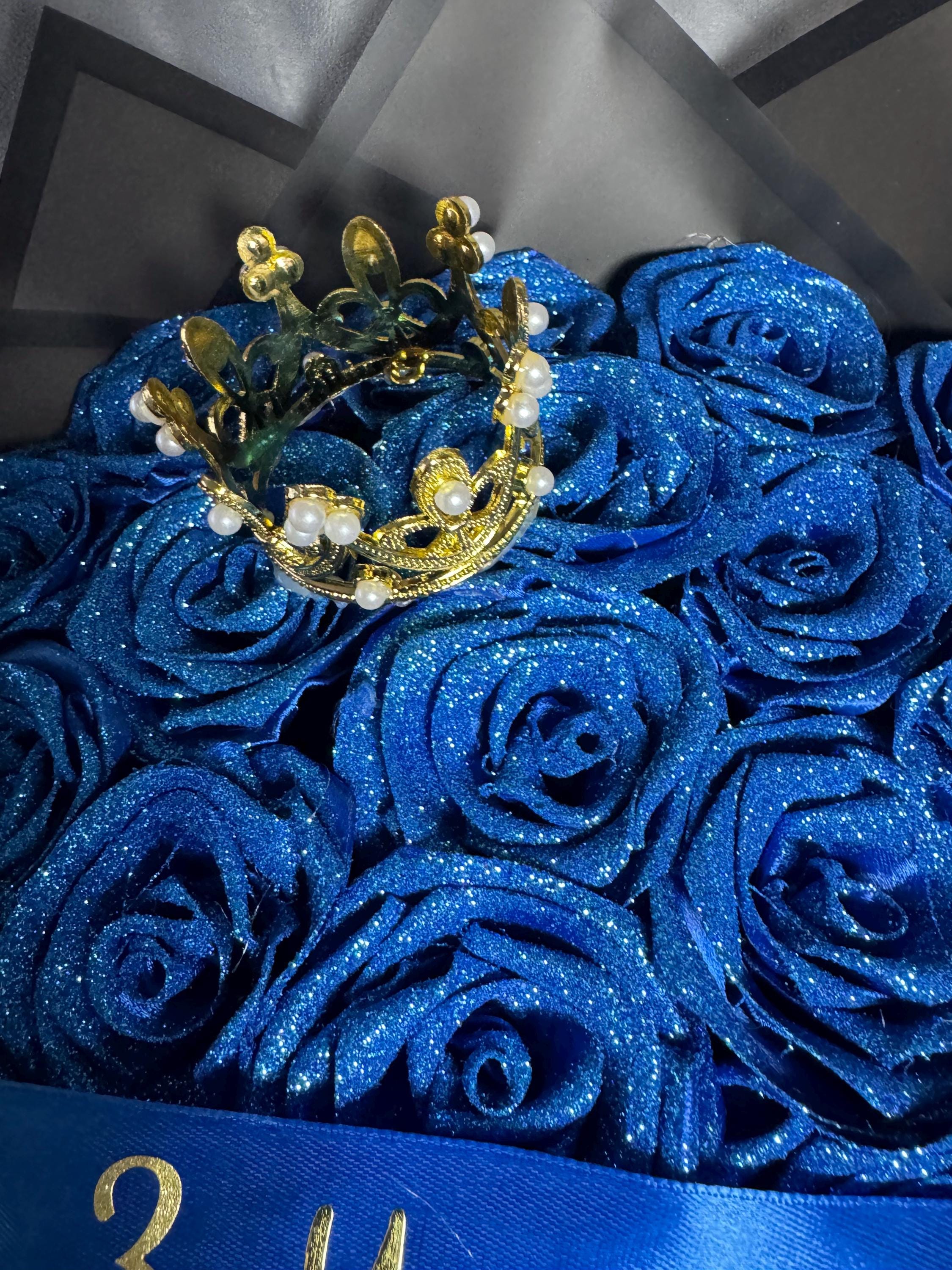 永遠のバラの花束 - グリッターローズブルー ハッピーバースデー