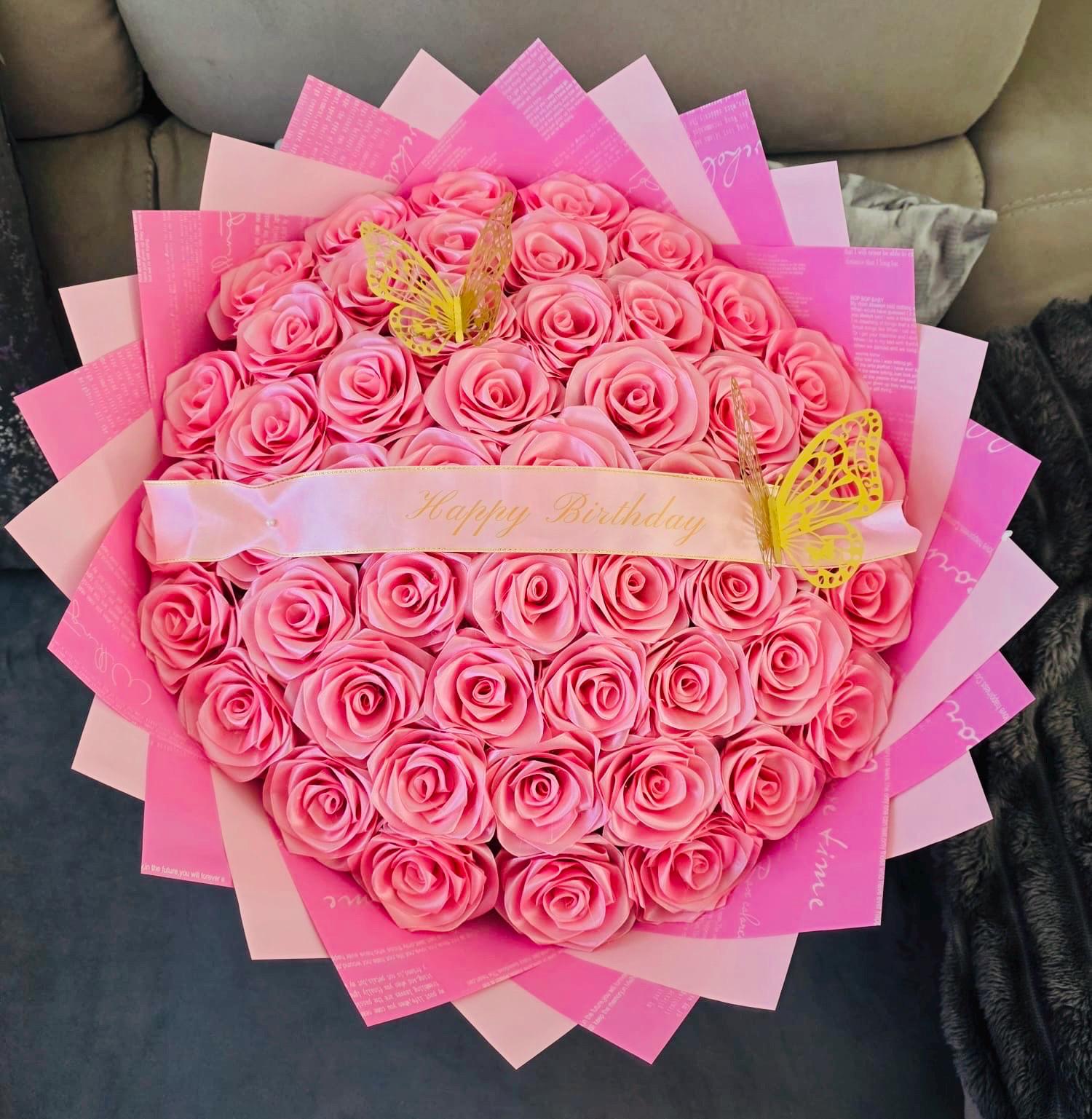 Eternal Rose Bouquet - Plain Pink With Written Wrap- Happy