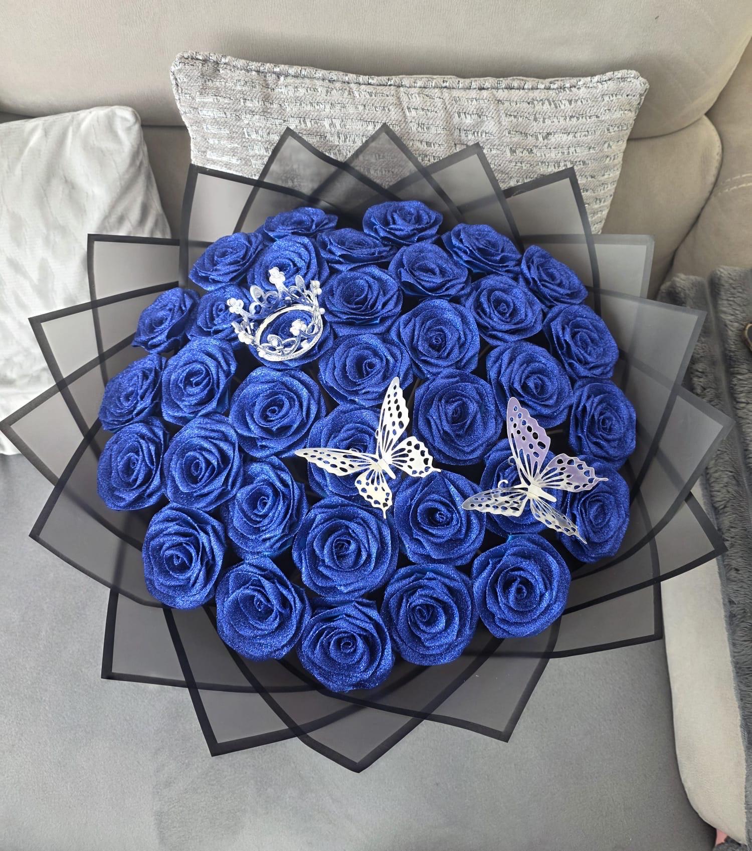 永遠のバラの花束 - グリッターローズブルー ハッピーバースデー