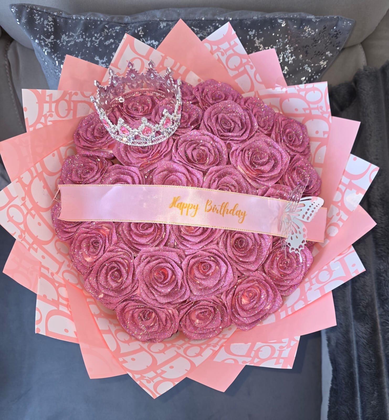Plateau De Service En Argent Vintage Avec Décor De Roses - Mentions Joyeux Anniversaires - Années 1920-40