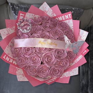 ETERNAL GLITTER ROSE pink bouquet with floral wrap /happy birthday