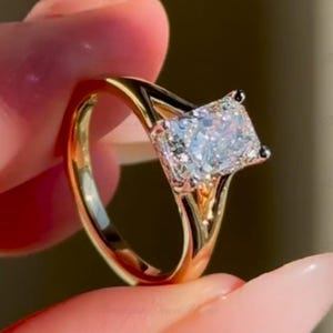 Radiant Cut Moissanite Engagement Ring with Split Shank Band 14k Yellow Gold Cathedral Setting Diamond Ring, Unique Engagement Ring For Her