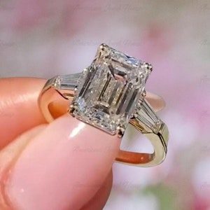 Emerald Cut Three Stone Ring, 3.00 CT Emerald Cut Colorless Moissanite Engagement Ring Side Tapered Baguette Cut, Proposal Anniversary Gift