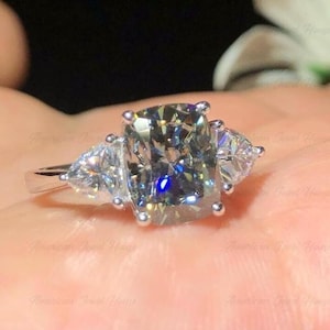 Gray Moissanite Engagement Ring, 2.5 Ct Dark Grey Cushion Cut Moissanite Ring, Solitaire Moissanite Wedding Ring, Personalized Gift For Her