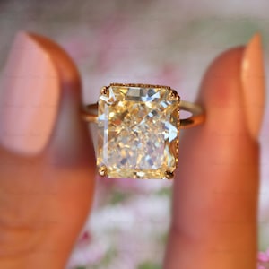 Radiant Cut Canary Yellow Diamond Ring 5 Carat Diamond Moissanite Engagement Ring Hidden Halo Engagement Ring Crushet Ice Radiant Ring Gifts