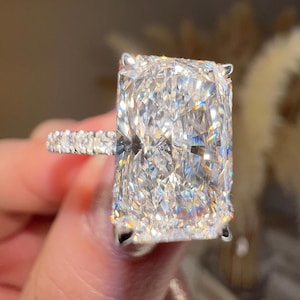 5 Carat radiant moissanite engagement ring, bridal pave hidden halo setting, elegant bridal ring for proposal gifts Big diamond ring for her