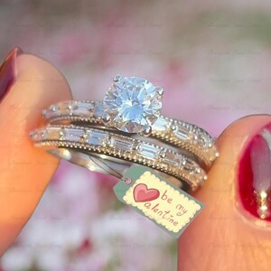 Vintage Moissanite Verlobungsring Set, Moissanite Ring Baguette geschnitten, Diamant Cluster Ring, Rose Gold Brautring, Ehering, einzigartiges Ring-Set