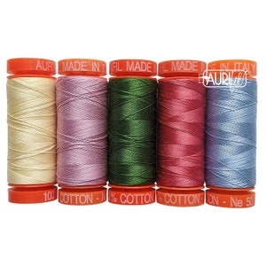 May include: Five spools of 100% cotton thread in various colors, including cream, lavender, green, pink, and blue. The spools are labeled "Aurifil Made in Italy".